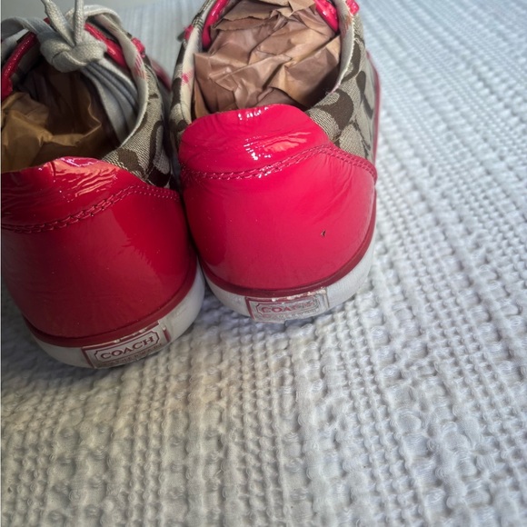 Coach Women's Brown Canvas Signature  Sneakers w/ Red Patent Leather Trim - Picture 7 of 11